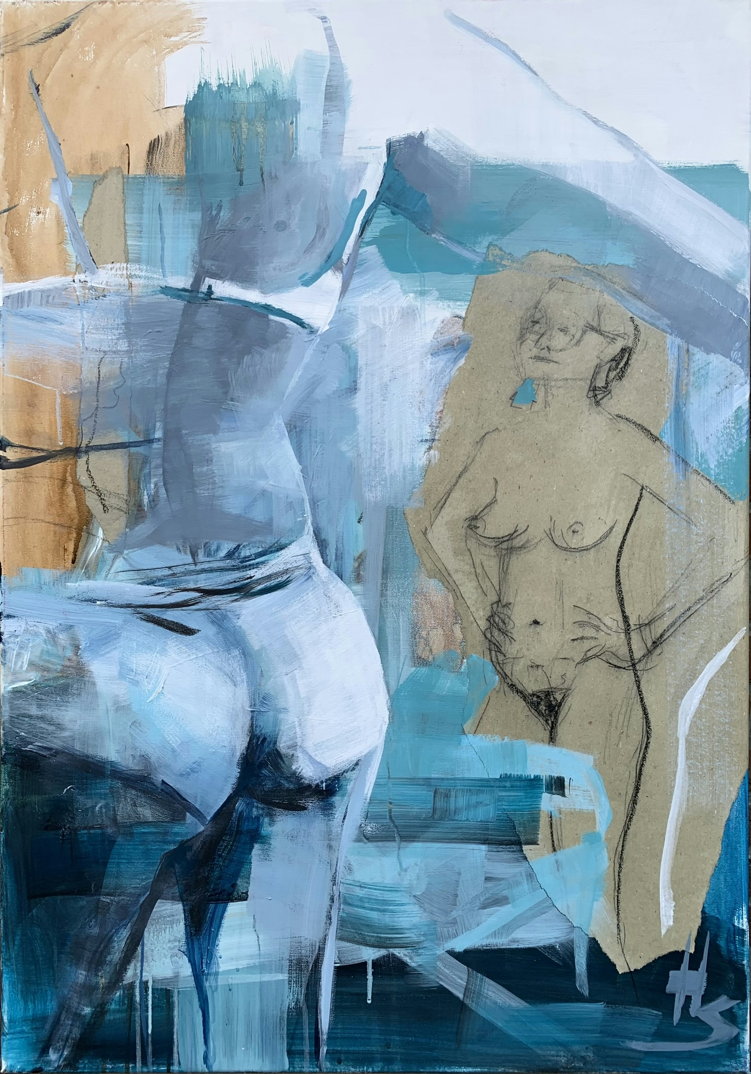 Nude artwork by Heike Schümann depicts two standing women